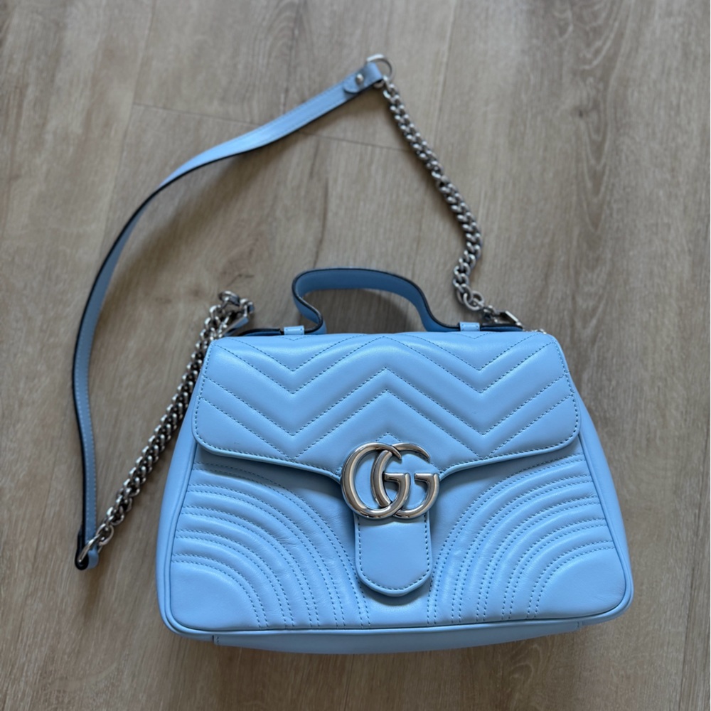 AUTH Gucci baby Blue Quilted Handbag GG Marmont